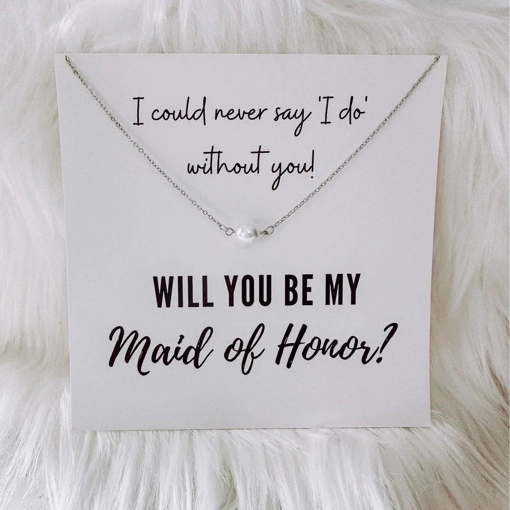 Maid of Honor Proposal Card Pearl Necklace Wedding Gift Gold Silver Finish